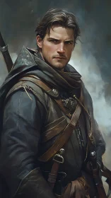 Medieval ranger figure in layered leather travel gear.