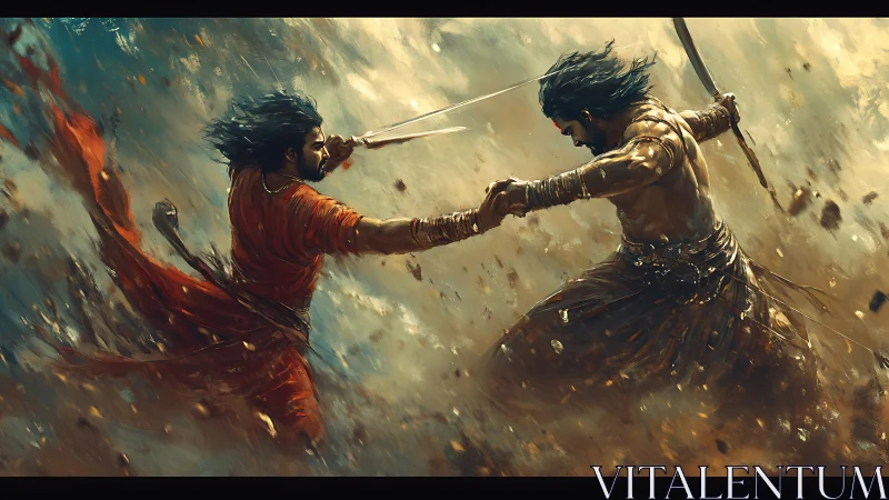 Warlords clash in stormlit duel, blades carving swirling dust