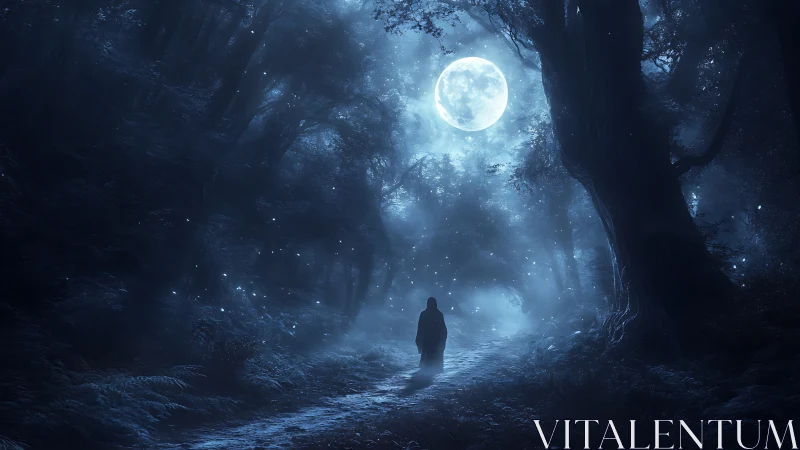 Solitary cloaked figure on moonlit forest pathway.