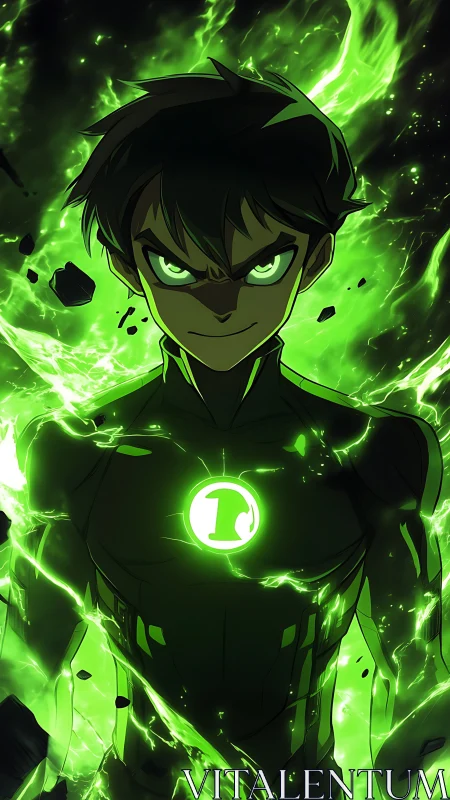 Green-lit anime hero stands in blazing energy storm.