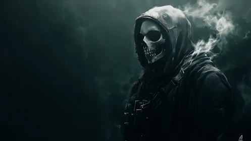 Hooded skeletal operative emerges from smoke in desaturated teal
