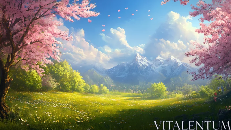 Digital landscape presents meadow, blossoms and mountains