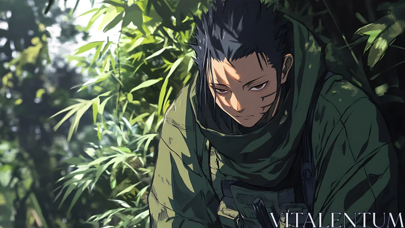 Quiet warrior resting in the dappled jungle light.