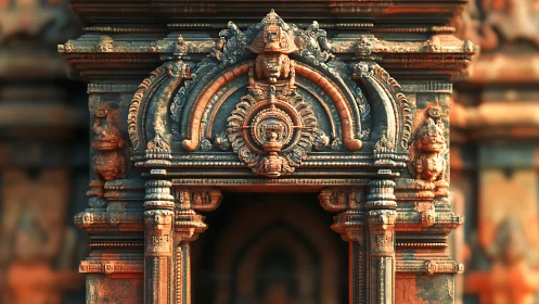 Temple doorway relief with intricate sandstone carvings.