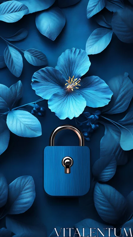 Blue Padlock Surrounded by Blooms and Leaves.