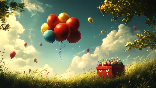 Balloons and Birthday Cake in Dreamscape Sky.