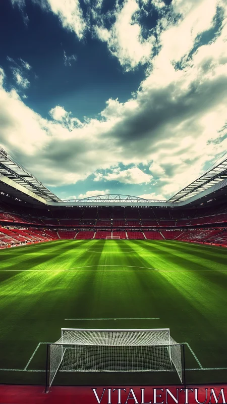 Panoramic football stadium under dramatic sky at dusk.