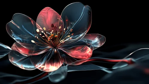 Luminous glass blossom under dark abstract background.