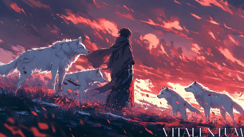 Human figure with white wolves under red dramatic sky.