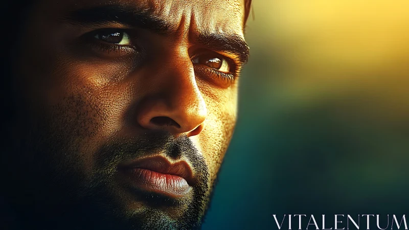 Intense male portrait under golden directional light.