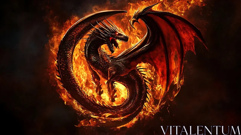 Coiled fire dragon forms circular emblem with glowing scales and wings