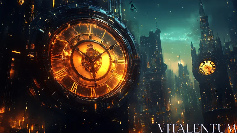 Gigantic illuminated clock faces in dense futuristic city.
