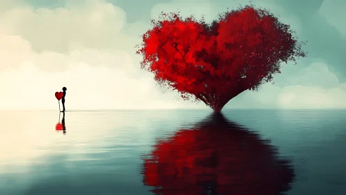 Figure with Heart-Shaped Tree in Surreal Seascape