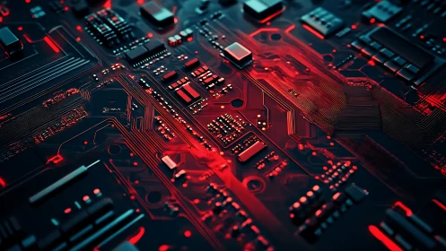 Neon red circuit board glows across dark digital surface.
