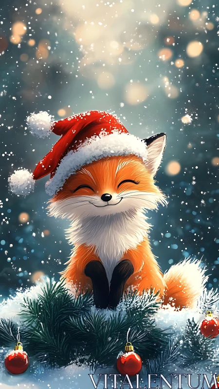 Digital painting of festive fox in snowy pine vignette.