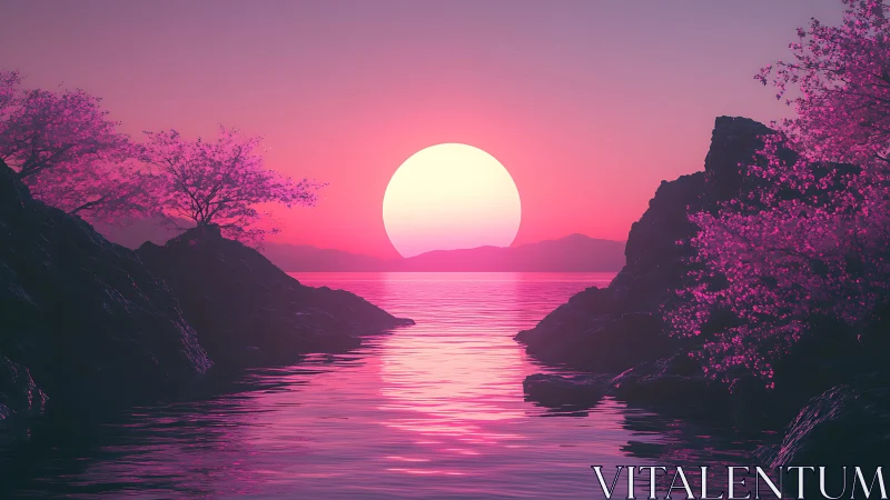 Pink-toned coastal sunset with silhouetted rocky shoreline.
