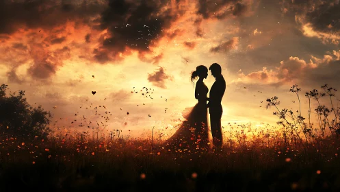 Romantic Couple Silhouetted Against Golden Sunset Field.