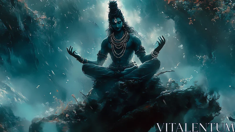 Mystic blue deity meditates amid swirling celestial mist