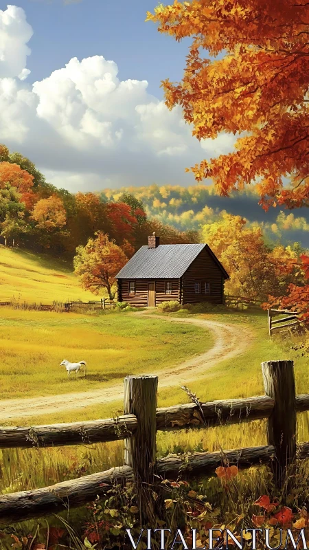 Autumn valley cabin with winding path and grazing lamb.