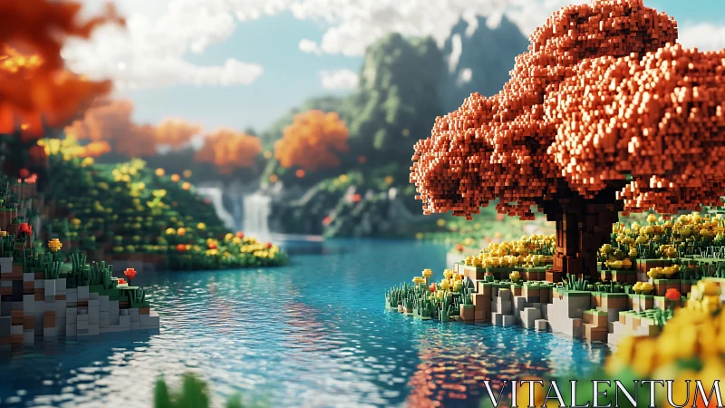 Voxel-rendered lakeside landscape with dense autumn foliage and bokeh