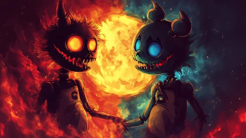 Dual demonic mascots framed by infernal lunar blaze.