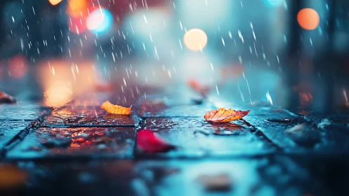 Autumn leaves glow on rainy city pavement under neon haze