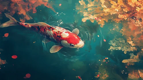 Gentle koi glides through teal water under soft autumn leaves