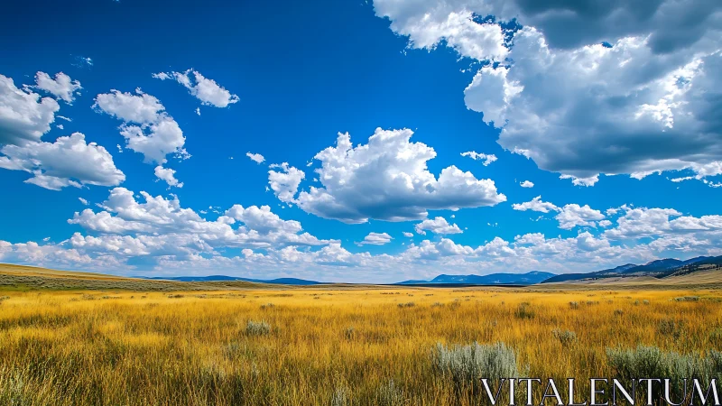 Expansive grassland plain under deep blue clouded sky.