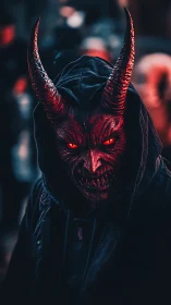 Sinister horned figure glows red in a dramatic city night