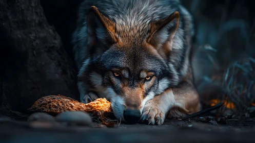 Wolf studies glowing forest fungus in low light forest floor