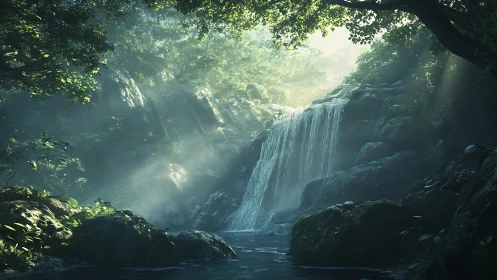 Cascading Waterfall in Dense Temperate Forest Illuminated by Dappled Sunlight
