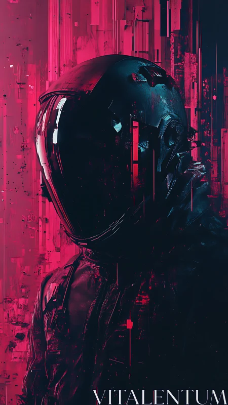 Neon-armored astronaut stands in a glitching digital void.