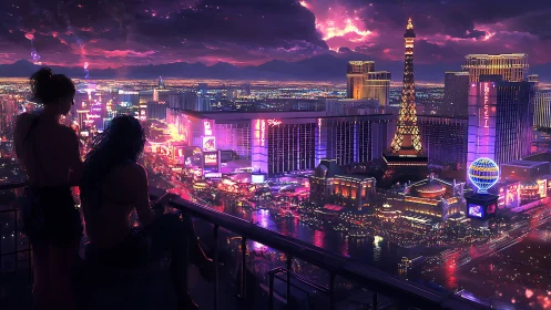 Neon drenched Las Vegas strip viewed from high balcony