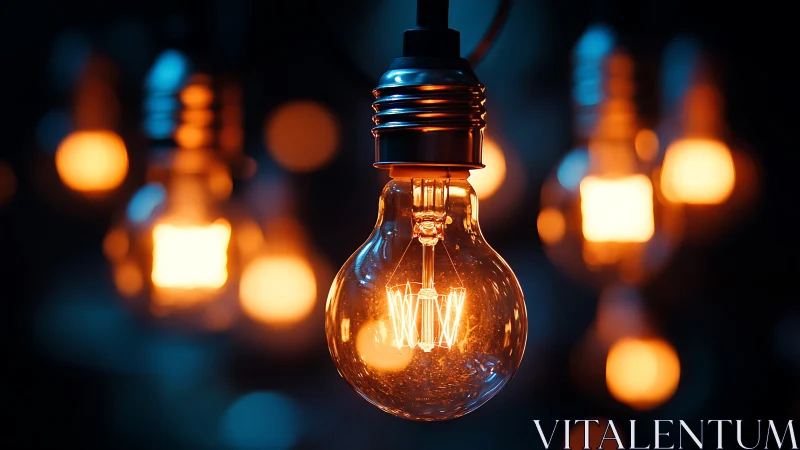 Edison style bulb glowing amid soft defocused bokeh orbs.