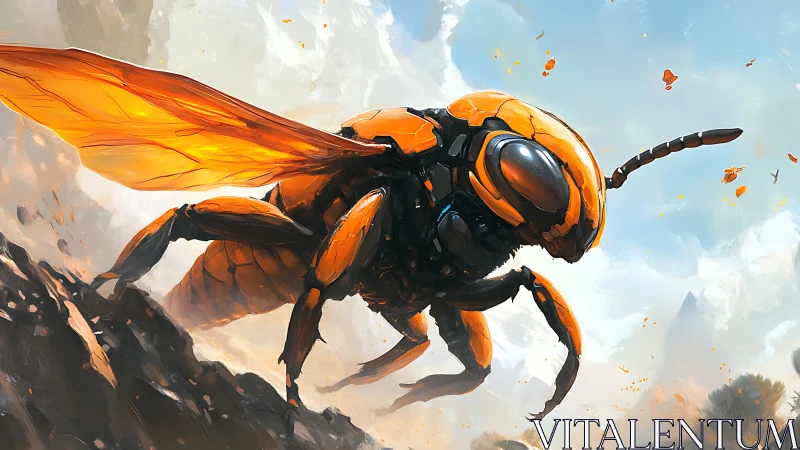 Macro-engineered wasp exosuit in aerial ascent over crags.