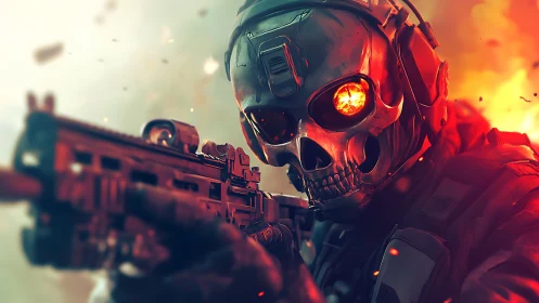 Cybernetic skull soldier with rifle in explosive combat field.