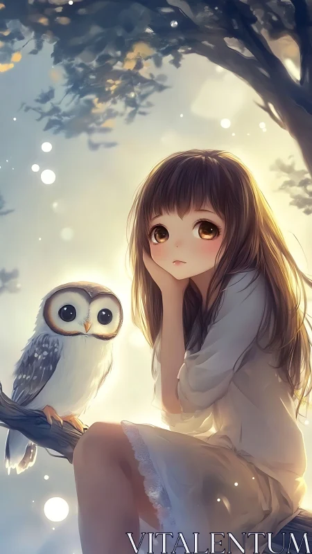 Girl sits beside owl on tree branch in soft backlight glow