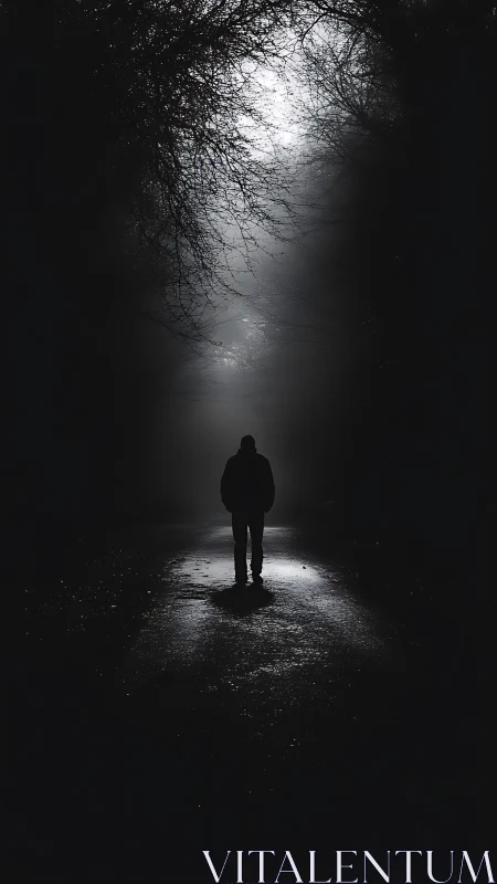 Lone figure standing on dark forest road at night.