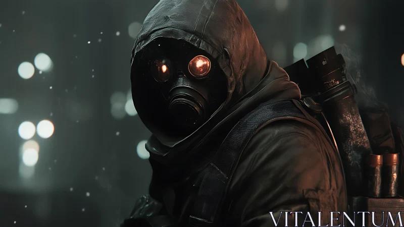 Hooded gas mask figure in dim urban environment.