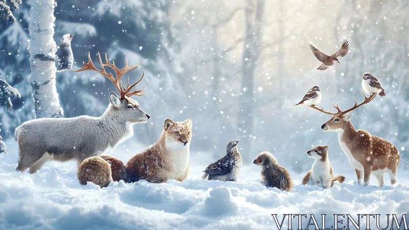 Winter wildlife group is arranged in balanced snowy composition
