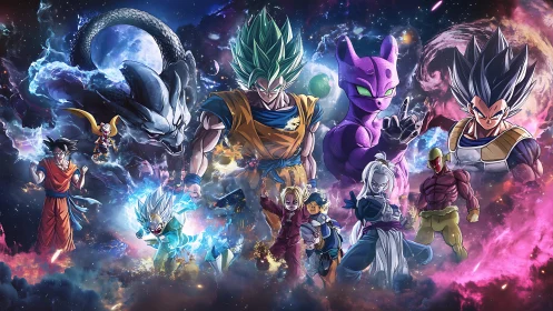 Dragon Ball warriors clash in cosmic energy storm panorama.