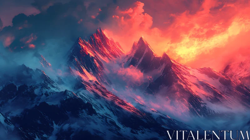 Mountain peaks glow under intense red sunset light