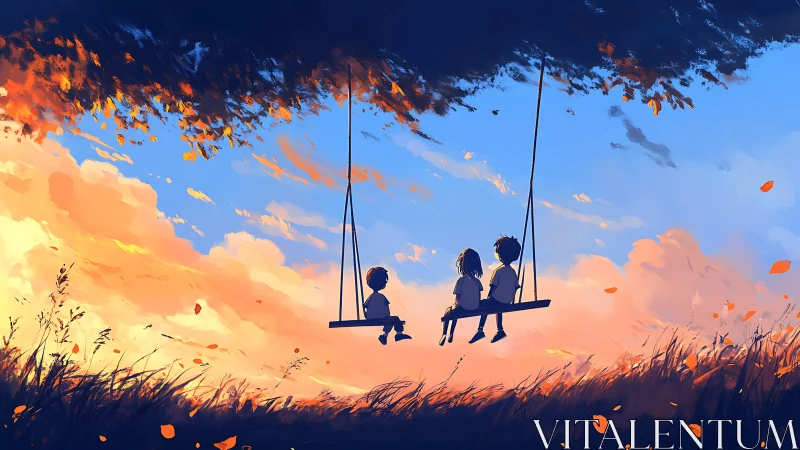 Children swinging through golden dusk reverie.