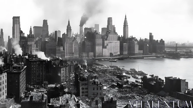 Historic industrial skyline rises over smoky urban waterfront.