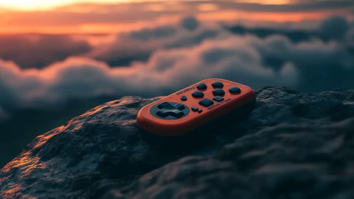 Gaming controller resting atop weathered stone under sunset.