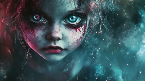 Starlit ghost child stares through blood-kissed nebula haze.