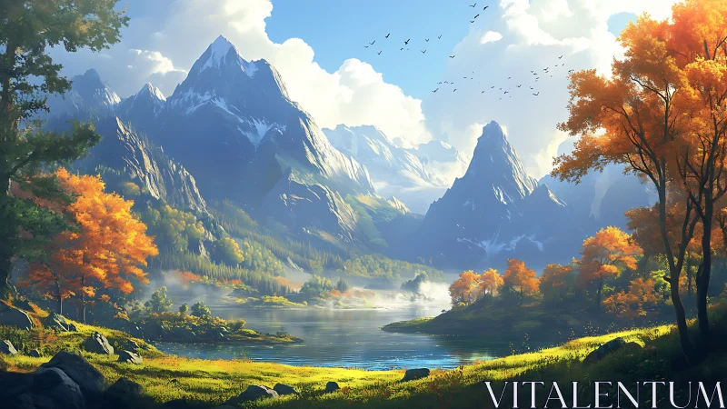 Golden autumn valley cradled by peaceful mountain peaks.