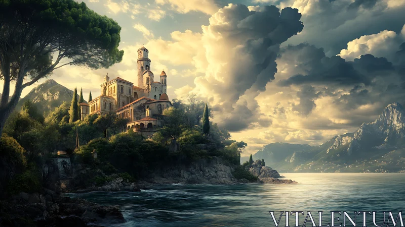 Seaside hilltop castle glows beneath dramatic storm clouds.
