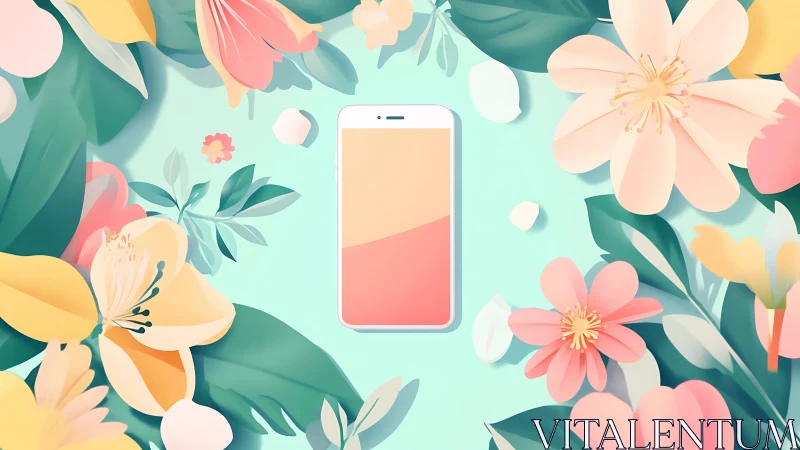 Smartphone framed by pastel floral vectors balances tech and nature