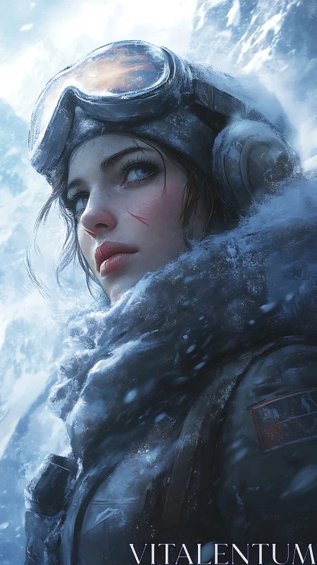 Female mountaineer portrait in harsh snowy conditions.